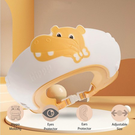 Viziera de Protectie Baie Pentru Copii, Fippy, Model Hipopotam, Dimensiune ajustabila, Durabil, Usor de curatat, Impotriva Samponului, pentru Ochi si Urechi, TPE+PP, 22x21 cm, Galben