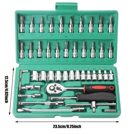 Chei tubulare Set 46 de Piese, Flippy, Trusa Scule de Reparatii Auto, Prelungitoare Rigid si Flexibil, Articulatie Cardanica, Antrenor de Forta Glisant, Adaptoare, Maner pentru Surubelnita, 23 x 12 x 4 cm, 1.9 kg, Cutie Verde