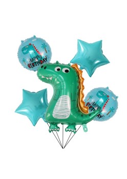 Set 5 Baloane folie de aluminiu, Flippy, Figurina Dinozaur, pentru aniversare HAPYY BIRTHDAY, Stelute Albastre si Baloane Albastre, 50 - 70 cm