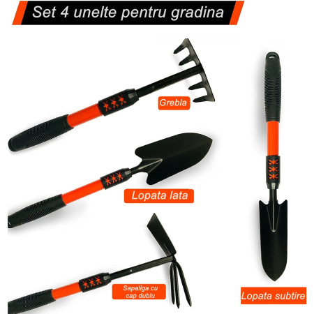 Set 4 Unelte de Grădină cu Mâner Extensibil, Oțel Carbon, pentru Plantare și Îngrijire Sol, Negru