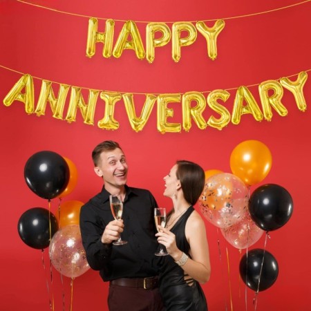 Set Baloane din Folie Metalizata, Flippy, Model Happy Anniversary, Litere de 40 cm, Baloane Party, Ambalaj Individual, Pai Inclus, Umflare cu Aer sau Heliu, Auriu