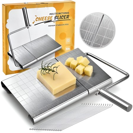Feliator de Branza, Flippy, din Otel Inoxidabil, 5 Fire de Rezerva, Maner Ergonomic, Scara de Masurare, 24x21cm, Argintiu
