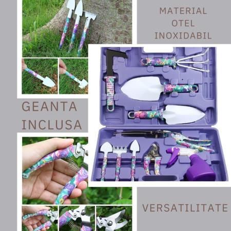 Set 10 Accesorii Grădinărit cu Geantă Depozitare, Oțel Inoxidabil, Foarfeci + Lopeți + Pulverizator, 37 x 29 cm, Mov