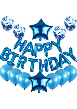 Set baloane din folie metalizata si baloane din latex, baloane HAPPY BIRTHDAY, 4 baloane latex Confetti, 6 baloane latex Roz, 2 baloane folie Steluta, 40cm, Albastru