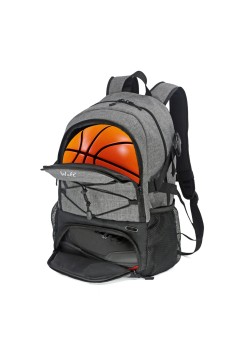Rucsac de Baschet Multifunctional, Flippy, pentru Calatorie, Sport, Scoala, cu Compartiment pentru Pantofi si Minge, 32 Litri, 45x32x22 cm, Gri-Negru