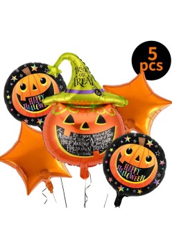 Set 5 Baloane din Folie Metalizata, Flippy, Figurine, Tema Halloween, Pai Inclus, Ambalaj Individual, Umflare cu Aer sau Heliu, Figurina Dovleac 54x87 cm, Stelute si Cerculete 45 cm, Multicolor