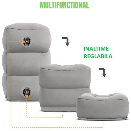 Pernă Gonflabilă Multifuncțională, 3 Straturi cu Înălțime Reglabilă, Suport pentru Picioare și Cap, 17.8 x 25.4 x 42.9 cm, Gri Închis