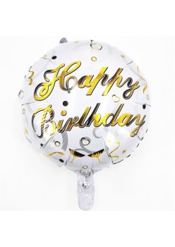 Balon din Folie Metalizata, Flippy, Mini Figurina Rotunda, Model Happy Birthday, Tema Aniversare, 45 cm, Ambalaj Individual, Pai inclus, Umflare cu Aer sau Heliu, Argintiu
