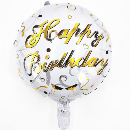 Balon din Folie Metalizata, Flippy, Mini Figurina Rotunda, Model Happy Birthday, Tema Aniversare, 45 cm, Ambalaj Individual, Pai inclus, Umflare cu Aer sau Heliu, Argintiu