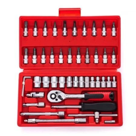 Chei tubulare Set 46 de Piese, Flippy, Trusa Scule de Reparatii Auto, Prelungitoare Rigid si Flexibil, Articulatie Cardanica, Antrenor de Forta Glisant, Adaptoare, Maner pentru Surubelnita, 23 x 12 x 4 cm, 1.9 kg, Cutie Rosie