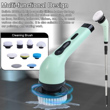 Perie Electrica de Curatare, Flippy, pentru Gresie, Baie, Bucatarie, 25x20x9.5 cm, cu 6 Capete, Maner Extensibil Detasabil 84-127cm, Incarcare USB-Type C, Rotire 360 de Grade, 3000 mAh, Culoare: Verde