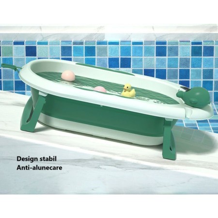 Cada Baie Pliabila pentru Copii 0-6 Ani – Cu Termometru, Perna Suport, Model Balena, Verde, 81.5 x 49 x 21.5 cm