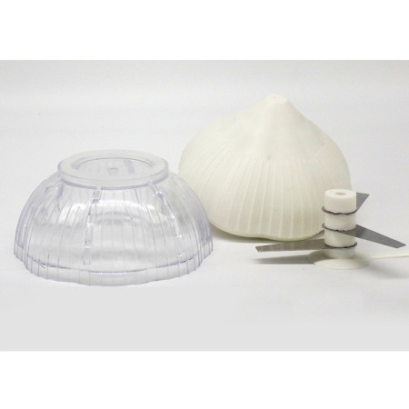 Tocator manual pentru usturoi, in forma de usturoi, cutite rezistente, utilizare prin apasare, material ABS si inox, 9.5x9.5x9.3 cm, alb