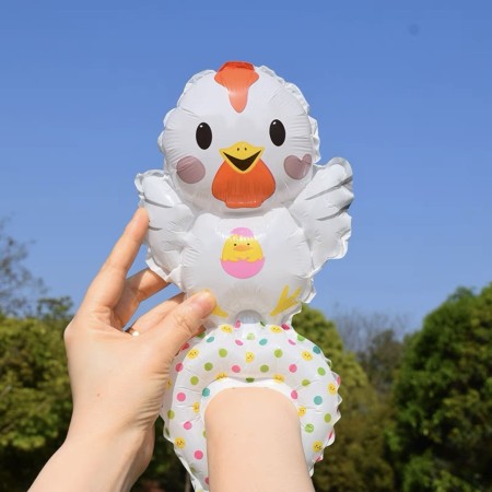 Balon din Folie Metalizata, Flippy, Figurine Animalute, Tip Bratara, Model Gaina, Ambalaj Individual, Pai Inclus, Umflare cu Aer sau Heliu, Alb