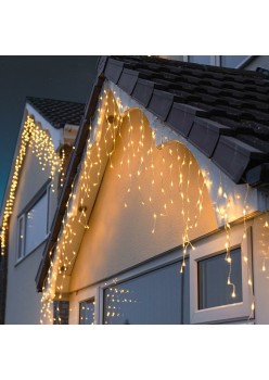 Instalatie Craciun Tip Franjuri/Turturi, 8 Jocuri de Lumini, Interconectabila, 7 m, 200 LED-uri, Prelungitor 1.5 m, Fir transparent, Alb Cald