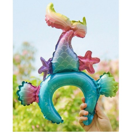 Balon din Folie Metalizata, Flippy, Tip Coronita, Model Sirena, Ambalaj Individual, Pai Inclus, Umflare cu Aer sau Heliu, 43 x 50 cm, Multicolor