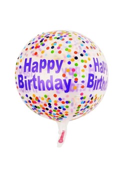 Balon din Folie Metalizata, Flippy, Figurine 4D, Model Happy Birthday, Tematica Aniversara Bombonele, 63x24 cm, Ambalaj Individual, Pai Inclus, Umflare cu Aer sau Heliu, Mov-Multicolor