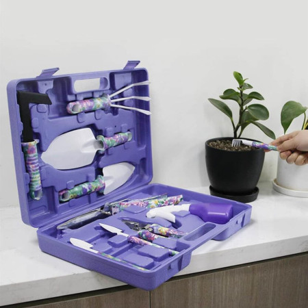 Set 10 Accesorii Grădinărit cu Geantă Depozitare, Oțel Inoxidabil, Foarfeci + Lopeți + Pulverizator, 37 x 29 cm, Mov