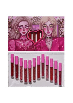 Set 12 Lip Gloss Kevin&Coco, nuante de rosu, rose, nude, cutie dreptunghiulara, 26.5x16.5x2.2 cm, 200 g, multicolor