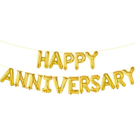 Set Baloane din Folie Metalizata, Flippy, Model Happy Anniversary, Litere de 40 cm, Baloane Party, Ambalaj Individual, Pai Inclus, Umflare cu Aer sau Heliu, Auriu