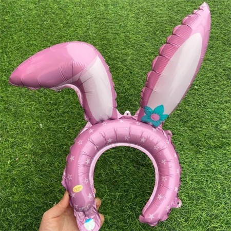 Balon din Folie Metalizata, Flippy, Tip Coronita cu Urechi, Model Iepure, Ambalaj Individual, Pai Inclus, Umflare cu Aer sau Heliu, 38 x 45 cm, Roz