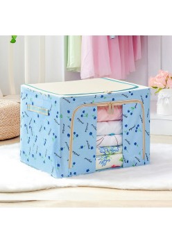 Cutie de Depozitare Pliabilă, 24L, Pânză Oxford 600D, Cadru Metalic, Bază Rigidă, Fereastră Frontală, 2 Uși cu Fermoar Bidirecțional, 40x30x20 cm, Albastru cu Imprimeu Cireșe