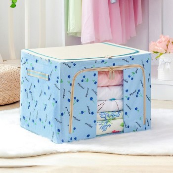 Cutie de Depozitare Pliabilă, 24L, Pânză Oxford 600D, Cadru Metalic, Bază Rigidă, Fereastră Frontală, 2 Uși cu Fermoar Bidirecțional, 40x30x20 cm, Albastru cu Imprimeu Cireșe