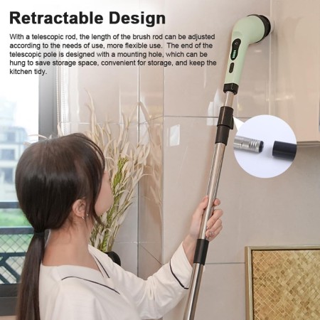 Perie Electrica de Curatare, Flippy, pentru Gresie, Baie, Bucatarie, 25x20x9.5 cm, cu 6 Capete, Maner Extensibil Detasabil 84-127cm, Incarcare USB-Type C, Rotire 360 de Grade, 3000 mAh, Culoare: Verde