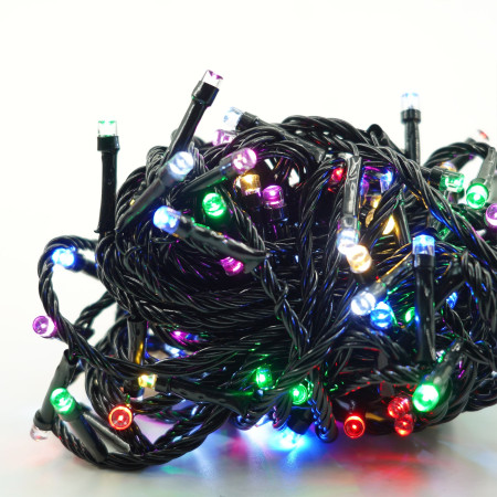 Instalatie de Craciun muzicala tip liniara, 8 jocuri de lumini, 10 m din care 1 m cablu priza 220V, 100 LED, controler, fir negru, multicolor