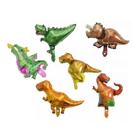 Balon din Folie Metalizata, Flippy, Mini Figurine Dinozauri, Model Velociraptor, Tematica Aniversare, 48x43 cm, Ambalaj Individual, Pai Inclus, Umflare cu Aer sau Heliu, Multicolor