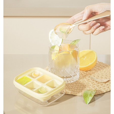 Forma pentru gheata cu presa Flippy, din silicon alimentar, 6 cuburi, caserola pentru depozitare, usor de folosit si curatat, 10.5 x 7.5 x 4.1 cm, galben
