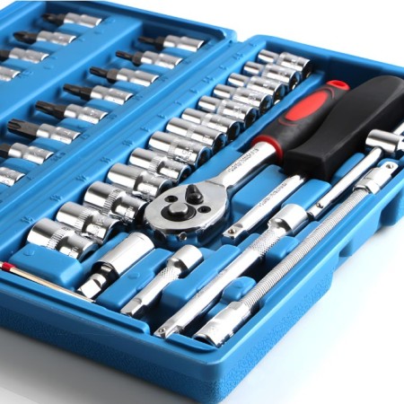 Chei tubulare Set 46 de Piese, Flippy, Trusa Scule de Reparatii Auto, Prelungitoare Rigid si Flexibil, Articulatie Cardanica, Antrenor de Forta Glisant, Adaptoare, Maner pentru Surubelnita, 23 x 12 x 4 cm, 1.9 kg, Cutie Albastra