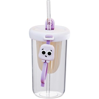 Pahar din silicon, cu capac si pai, pentru copii, Flippy, anti-cadere, compartiment pentru fructe/ceai/gheata, rezistent la temperaturi inalte, 500ml, Mov, 14.5x8.8x20 cm