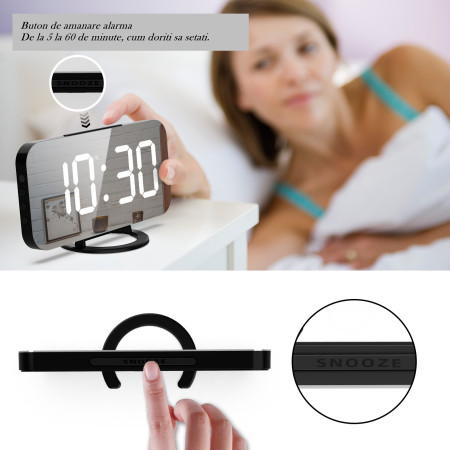 Ceas digital cu LED, Flippy, multifunctional, afisaj digital, alarma, 2 porturi USB de iesire, ecran tip oglinda, modern, 15.8 cm, alb