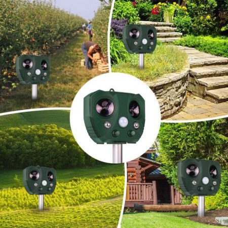 Aparat Solar LED cu Ultrasunete, Anti Animale Mari și Mici, Anti Rozătoare și Insecte, Lumini Roșii/Albe, IPX Rezistent, 15x14x24 cm, Verde
