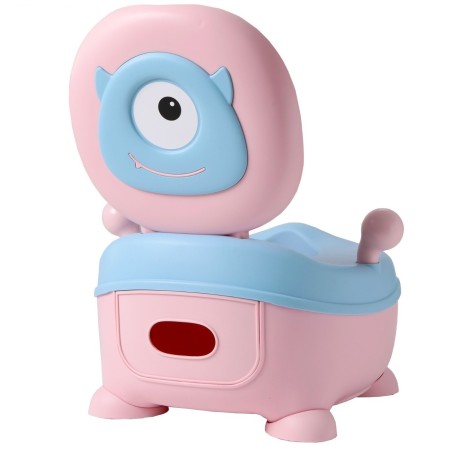 Olita pentru Copii, Flippy, +6 luni, Compartiment Detasabil, cu Capac, Antiderapanta, din Plastic, Colac Moale, Model Animat Ciclop, cu Maner, 33 x 21 x 45 cm, Albastru/Roz
