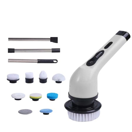 Perie Electrica de Curatare, Flippy, pentru Gresie, Baie, Bucatarie, 25x20x9.5 cm, cu 9 Capete, Maner Extensibil Detasabil 84-127cm, Incarcare USB-Type C, Rotire 360 de Grade, 3000 mAh, Culoare: Alb