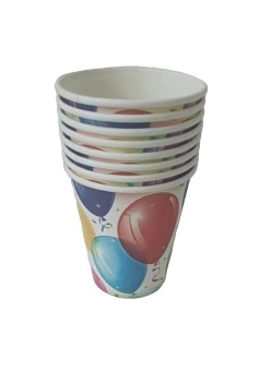 Set 10 Pahare, Flippy, Imprimeu cu Baloane, din Carton, 250 ml, 7.5 x 8.5 x 5.2 cm, Multicolor