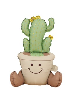 Balon din Folie Metalizata, Flippy, Figurina Animata, Model Ghivechi Cactus, 57.5 x 56 cm, Ambalaj Individual, Pai Inclus, Umflare cu Aer sau Heliu, Verde