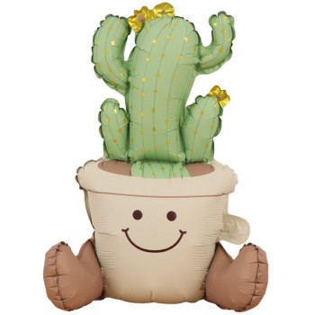 Balon din Folie Metalizata, Flippy, Figurina Animata, Model Ghivechi Cactus, 57.5 x 56 cm, Ambalaj Individual, Pai Inclus, Umflare cu Aer sau Heliu, Verde