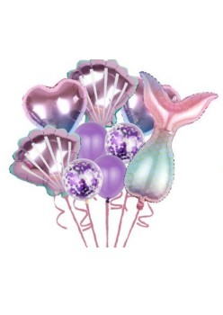 Set baloane aniversare pentru fetita, set din 9 baloane, Flippy, Tematica Sirene, 5 Baloane Folie, 4 baloane latex, cu inimii Mov metalizat