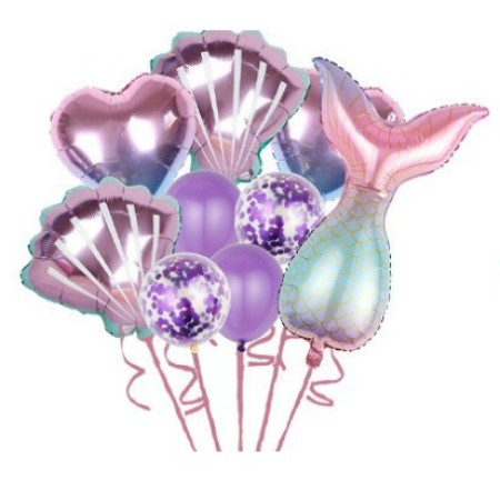 Set baloane aniversare pentru fetita, set din 9 baloane, Flippy, Tematica Sirene, 5 Baloane Folie, 4 baloane latex, cu inimii Mov metalizat