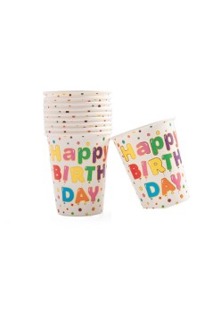 Set 10 Pahare, Flippy, Imprimeu Happy Birthday, din Carton, 250 ml, 7.5 x 8.5 cm, Multicolor