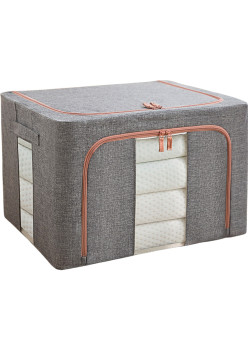 Cutie de Depozitare Pliabilă, 100L, Textil, Cadru Metalic, Bază Stabilă, Fermoar, Două Ferestre de Vizualizare, 60x42x40 cm, Gri