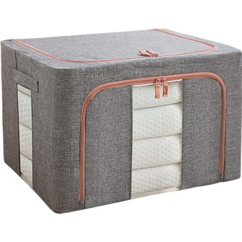 Cutie de Depozitare Pliabilă, 100L, Textil, Cadru Metalic, Bază Stabilă, Fermoar, Două Ferestre de Vizualizare, 60x42x40 cm, Gri