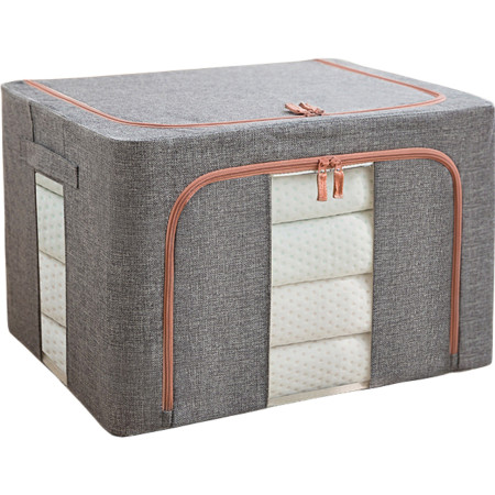 Cutie de Depozitare Pliabilă, 100L, Textil, Cadru Metalic, Bază Stabilă, Fermoar, Două Ferestre de Vizualizare, 60x42x40 cm, Gri