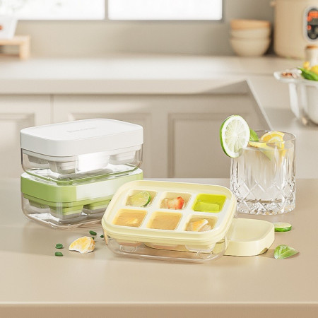 Forma pentru gheata cu presa Flippy, din silicon alimentar, 6 cuburi, caserola pentru depozitare, usor de folosit si curatat, 10.5 x 7.5 x 4.1 cm, galben