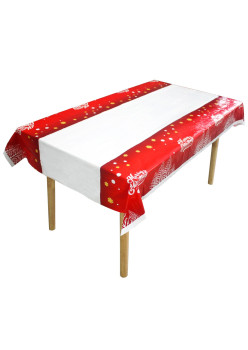 Fata de masa dreptunghiulara Flippy, PVC, 2.5 mm grosime, imprimeu Merry Christmas, potrivit pentru Craciun, utilizare multipla, 180 x 108 cm, alb