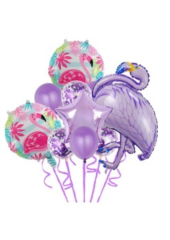 Set Baloane party aniversare, Flippy, din Folie de aluminiu si Latex, set din 10 baloane Flamigo Party, 1 stea, 5 baloane latex, 2 rotunde, 60 -90 cm, Mov