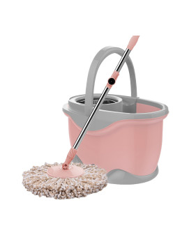 Set Galeata si Mop Rotativ 360°, Flippy, Cu Dubla Actiune Centrifuga, Pentru Uz Casnic, Maner din Otel Inoxidabil Telescopic, 2 Capte din Bumbac, 46x27x29 cm, Roz